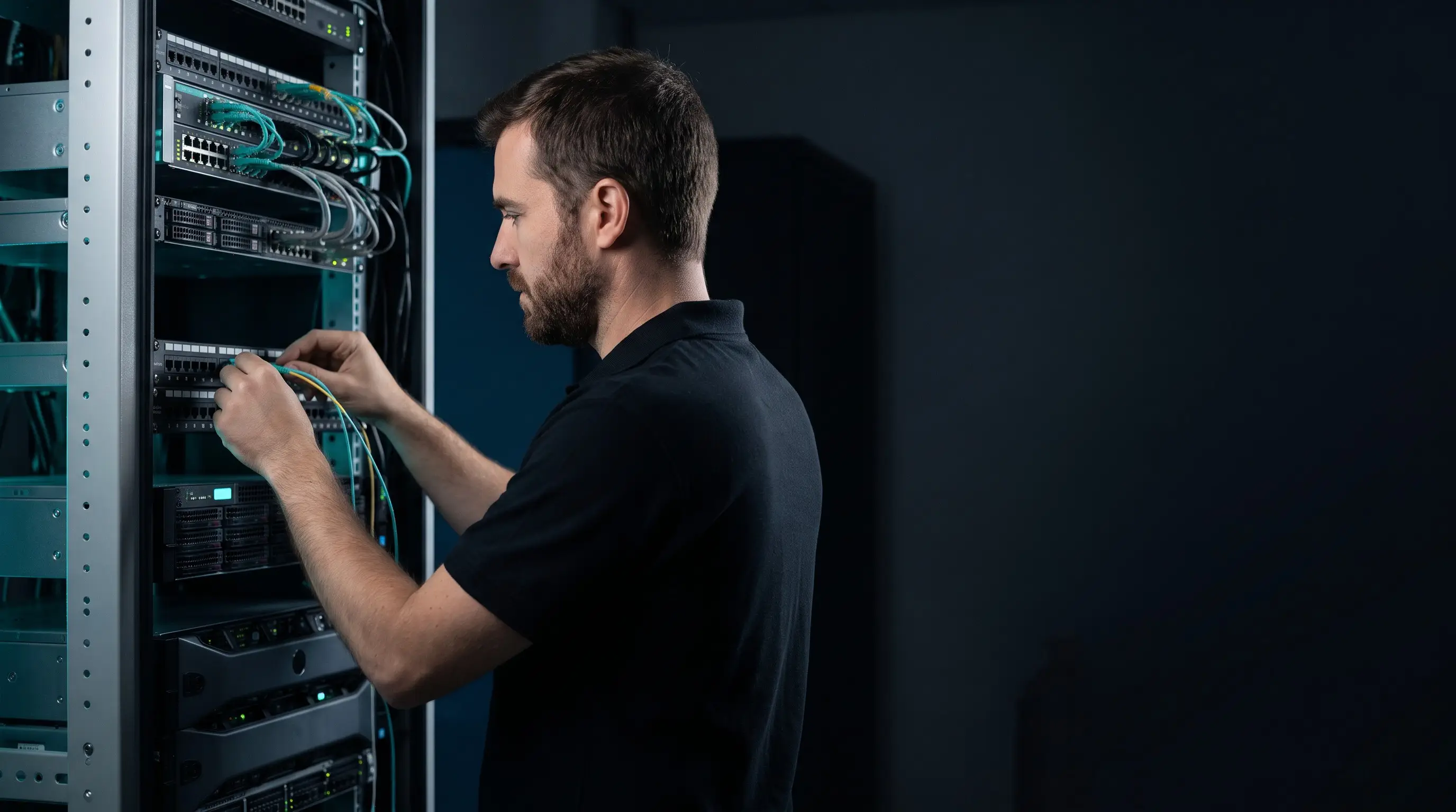 Técnico de GPC Innova conectando fibra en un armario rack