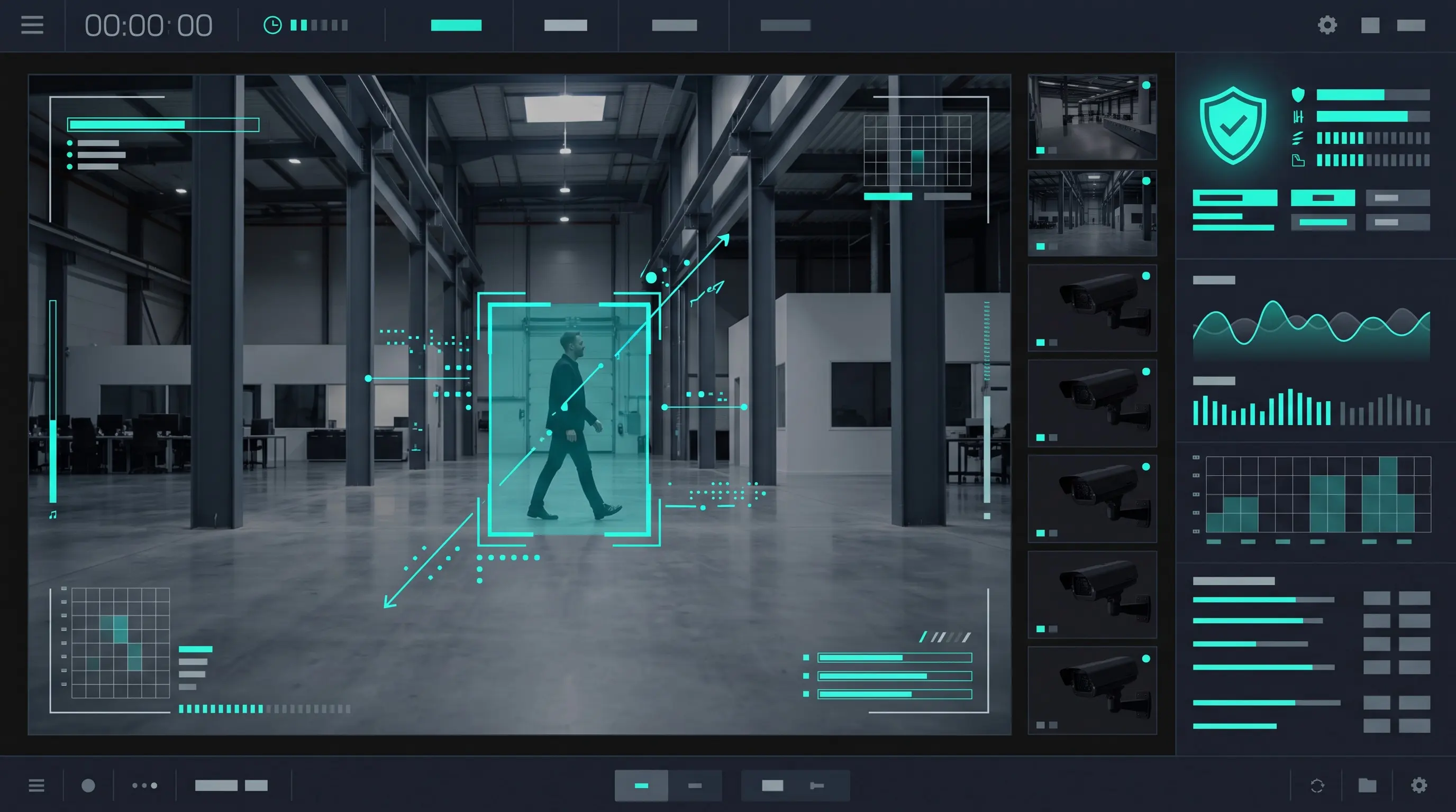 Cámara con visión artificial detectando matrículas y accesos en una nave